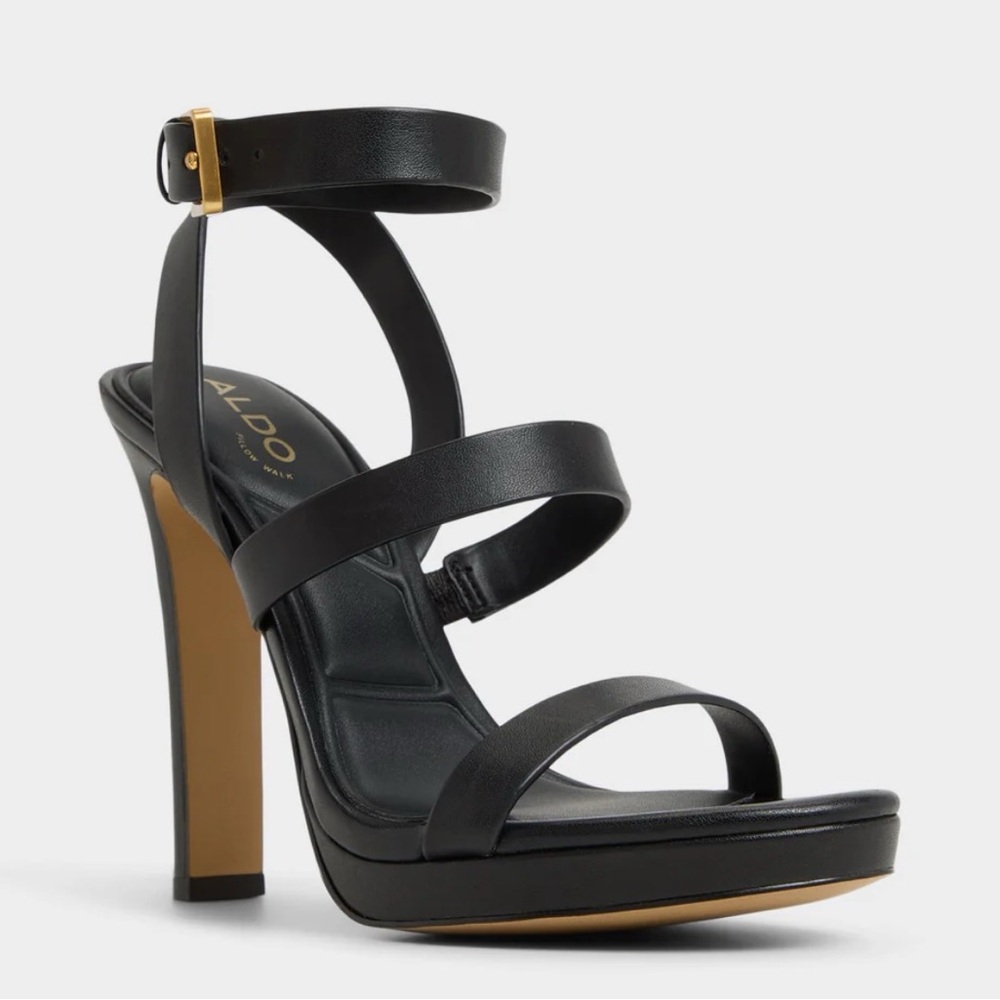 BRAND NEW Aldo Black Strappy Heels with Gold Buckle-Kardy, Size 9
